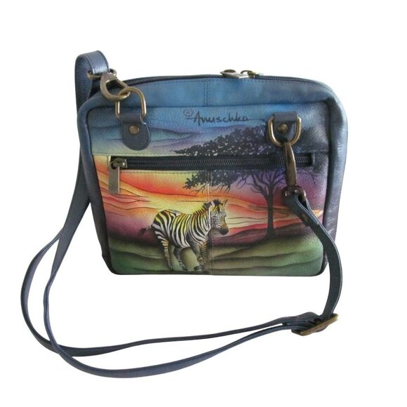 Anuschka Genuine Leather Hand-Painted Crossbody Bag with Zebra Sunset Design - Picture 2 of 16